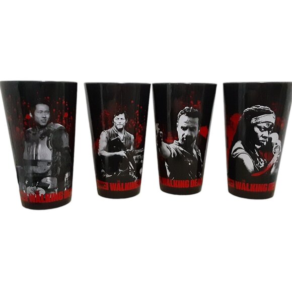 Set of 4 The Walking Dead AMC Pint Glasses Daryl Rick Michonne Glenn Blood 2015 - Picture 1 of 2